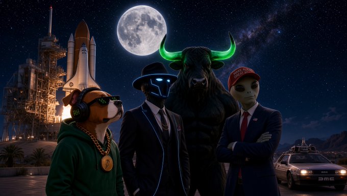 A futuristic night scene features a space shuttle launch, a glowing full moon, and a lineup of characters including a dog in a green hoodie with a Bitcoin medallion, a figure in a top hat with a glowing blue visor, a massive bull with neon green horns, and an alien wearing a "Make America Great Again" red cap, with a DeLorean-style car in the background. The imagery visually mirrors the post's bullish sentiment, with the horned bull symbolizing the "bull around the corner" and the MAGA-capped alien representing the poster's "$MAGA" holdings celebrating a great day in the market.