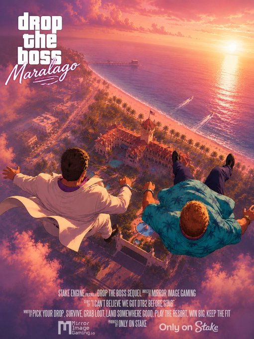 The poster depicts two men in mid-air, one wearing a business suit while the other is wearing casual clothes such as a Hawaiian shirt and flip flops. The scene takes place over an ocean beach at sunset with palm trees visible below them. The text on the poster is titled "Boss Maralago Stake!", which indicates the event being advertised, and it also mentions a few people who have won prizes for their game, including a couple of guys in suits. There's a reference to another game called "Stake!: Only on Stake!".