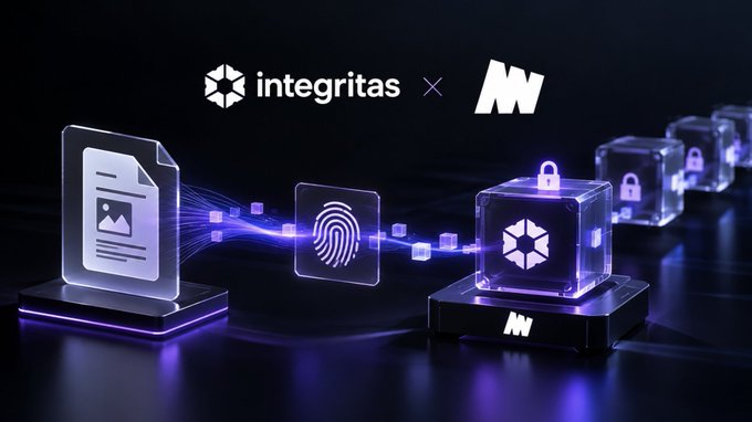 A dark digital graphic showing the 'integritas' logo alongside a stylized 'M' symbol, featuring illuminated cubes with padlocks, a fingerprint icon, and a document icon connected by flowing light.