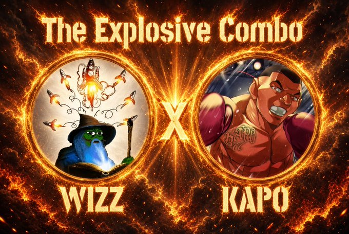 A promotional graphic titled 'The Explosive Combo' features 'WIZZ' (a wizard character with rockets) and 'KAPO' (a muscular fighter) separated by an 'X', surrounded by flames.