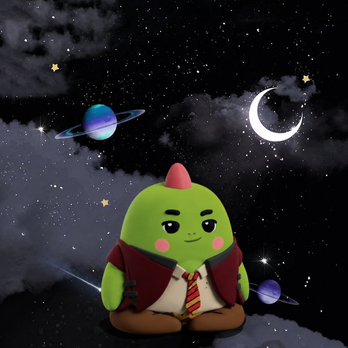 A green, 3D-rendered cartoon character with a small red horn, blushing cheeks, and a red and yellow striped tie, sitting cross-legged against a starry night sky backdrop with planets and a crescent moon.
