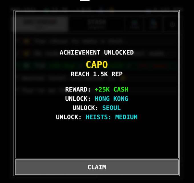 A game achievement notification for 'CAPO' unlocked upon reaching 1.5K REP, offering a reward of +25K CASH and unlocking Hong Kong, Seoul, and Heists: Medium.