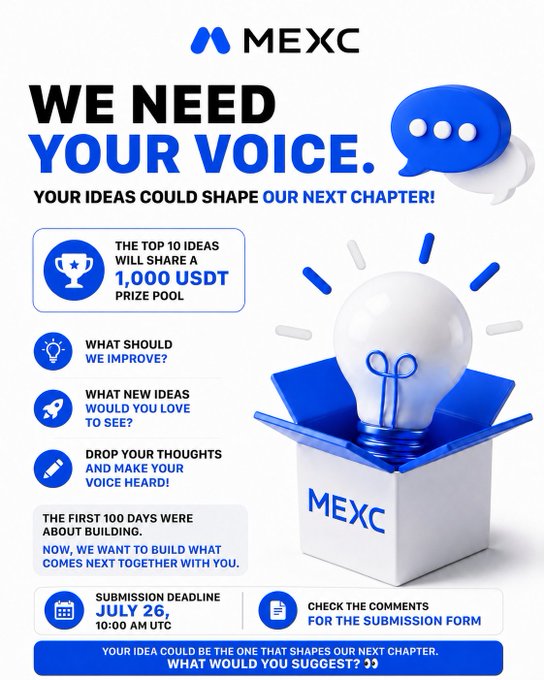 MEXC's "We Need Your Voice" campaign concludes with gratitude to participants who shared feedback, having offered a 1,000 USDT prize pool for the top 10 ideas with submissions due July 26 at 10:00 AM UTC.