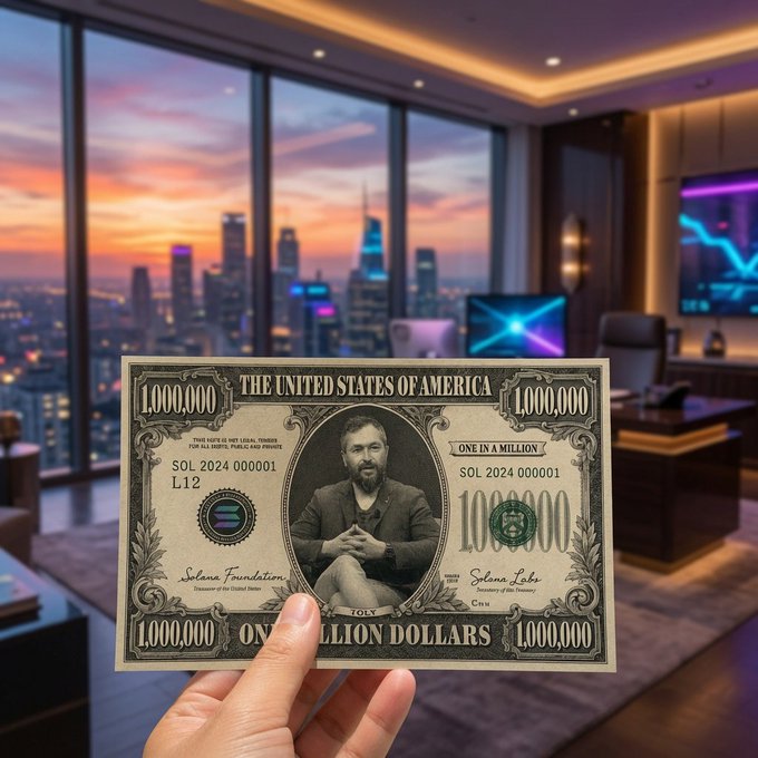 The image features a hand holding up a one-dollar bill with an image of a man on it, which appears to be a postcard or a piece of paper money from the United States. The text "Millionaires will be made on Solana in 2026" is also present in the image. This suggests that the image might be related to a post about investing in cryptocurrency or an advertisement for a new cryptocurrency called Solana, which has been gaining popularity recently due to its promise of making millionaires overnight.