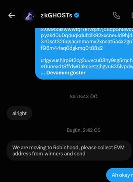 A screenshot of a Telegram message exchange with 'zkGHOSTs', showing a user receiving a long alphanumeric wallet address string and a follow-up message stating 'We are moving to Robinhood, please collect EVM address from winners and send'.