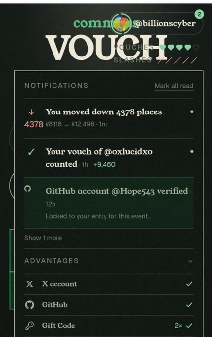A notifications panel from the 'commons VOUCH' website showing updates for user @billionscyber, including losing 4378 ranks, a vouch counting for @oxlucidxo, and a GitHub account verification.