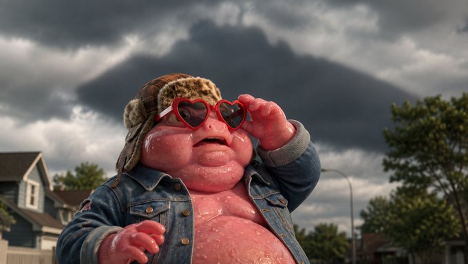 A pink, fleshy character wearing heart-shaped sunglasses, a trapper hat, and a denim jacket gazes up at a cloudy sky in a suburban setting, seemingly reacting to something massive on the horizon. The dramatic overcast atmosphere and the character's wide-eyed expression visually reinforce the post's teasing message that "something BIG is coming" to Brainrot this week.