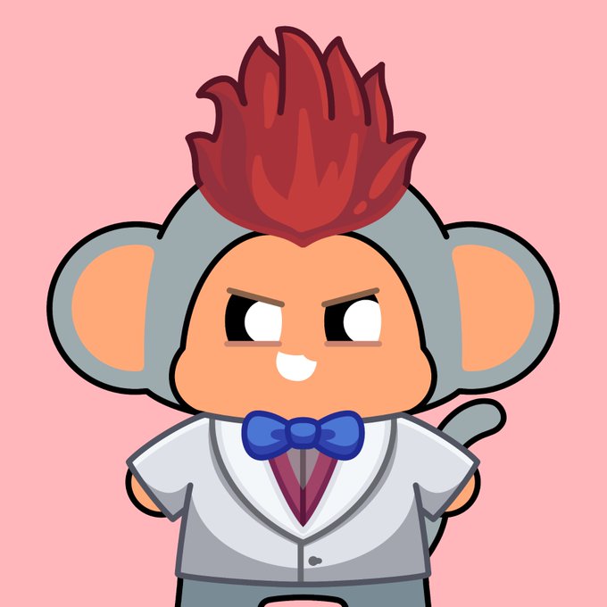 A cartoon illustration of a monkey character with a red flame-like hairstyle, gray helmet ears, and a blue bow tie against a pink background.