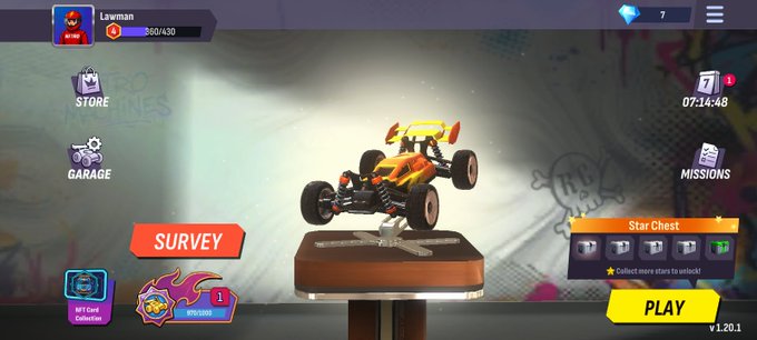 A screenshot from a mobile racing game showing an orange remote-control car on a display stand, with UI elements including "Lewwman," a "Star Chest," and buttons for "SURVEY," "GARAGE," and "PLAY."