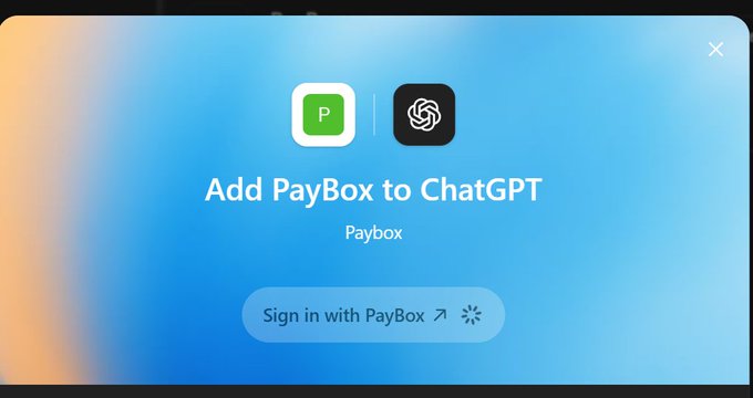 A pop-up screen showing a prompt to 'Add PayBox to ChatGPT' with a 'Sign in with PayBox' button.
