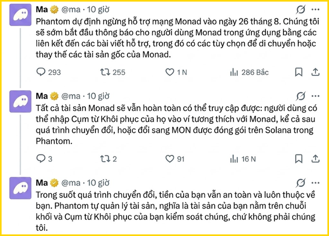 Three social media posts from "Ma" (@ma) in Vietnamese discuss Phantom's planned support for Monad on August 26, addressing user assets and migration options.