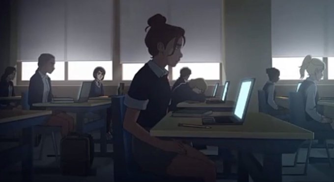 In a softly shadowed classroom, a young woman with dark hair pulled into a high bun sits at her desk surrounded by classmates, each absorbed in their own laptops as muted daylight filters through the windows behind them. The scene captures the quiet obliviousness of ordinary school life—the sense that everyone is present yet entirely unaware of something momentous unfolding just beyond their screens.