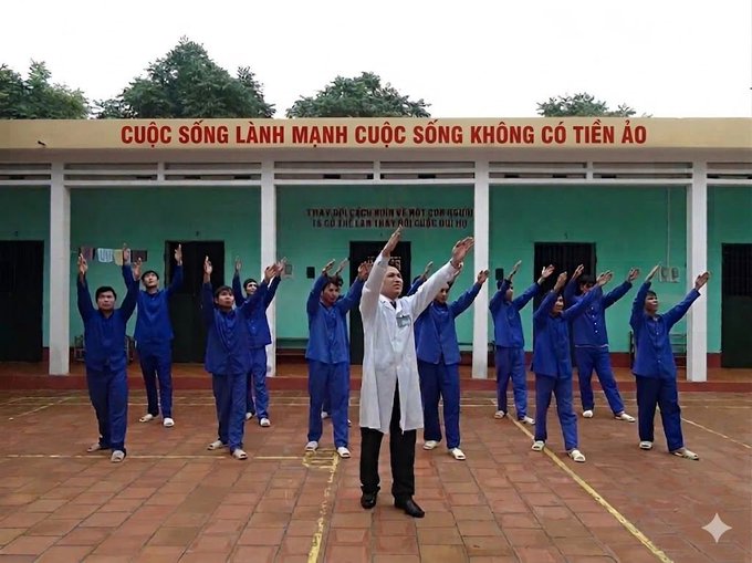A group of men in blue uniforms and a leader in white perform synchronized exercises in a courtyard, with a Vietnamese banner reading "CUỘC SỐNG LÀNH MẠNH CUỘC SỐNG KHÔNG CÓ TIỀN ẢO" (Healthy life, life without crypto). The image humorously illustrates the post's point about crypto's drastic price drops—from $40K to $12K—emphasizing the message to reject crypto entirely for a healthier lifestyle, much like the disciplined group activity shown.