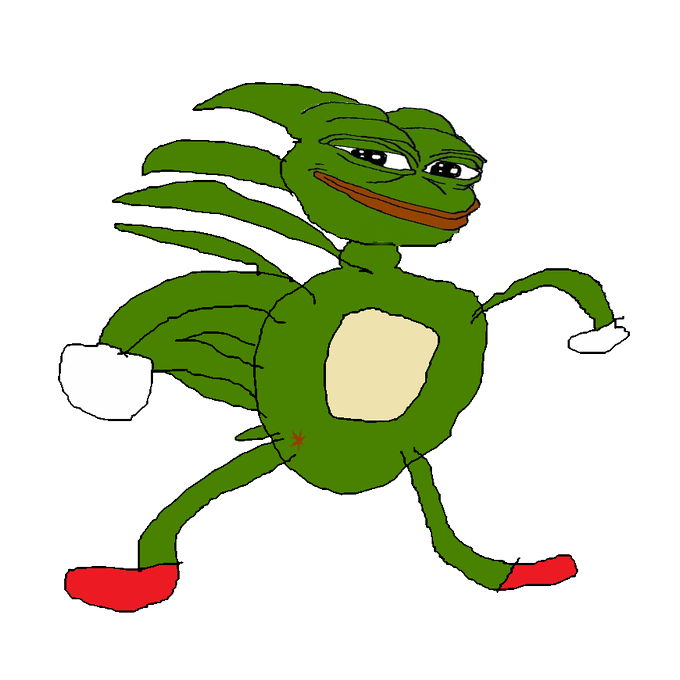 A crude MS Paint-style drawing of a green Pepe-like character with spiky hair, red shoes, white gloves, and a smug expression.