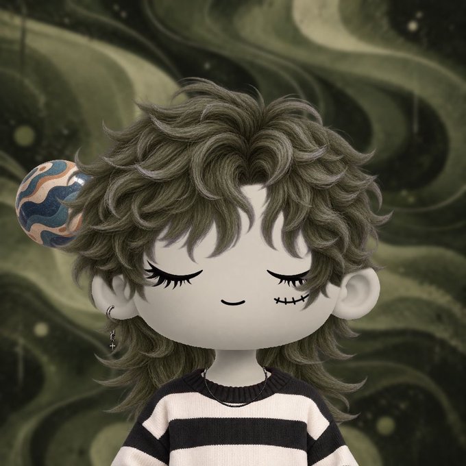 A 3D-rendered chibi-style character with messy greyish-brown hair, closed eyes, and a stitched smile, wearing a black and white striped sweater and a cross earring, set against a green swirly background.