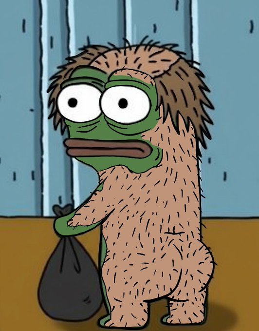 A cartoon of a hairy creature resembling Pepe the Frog, standing in front of a door while holding a black garbage bag.
