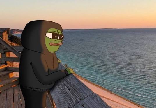 A composite image showing a cartoon Pepe the Frog character wearing sunglasses and a dark hoodie, superimposed onto a real photograph of a person leaning on a wooden railing by the sea at sunset.
