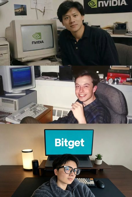 The image shows three different photos of a man sitting at his desk with a computer monitor, keyboard, mouse, and other office equipment such as a lamp and a printer. The first photo captures him smiling while working at his desk, the second photo shows him looking down at his workstation, and the third photo depicts him looking up from his work area. In each of these photos, there is a computer monitor with a Bitget logo on it, indicating that they are all related to Bitget or have some connection to it.