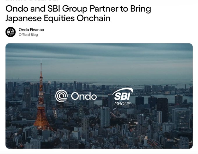 The image shows a promotional graphic from Ondo Finance's official blog titled "Ondo and SBI Group Partner to Bring Japanese Equities Onchain," featuring the Ondo and SBI Group logos overlaid on a twilight aerial view of Tokyo's skyline with the iconic Tokyo Tower illuminated. The graphic visually reinforces the partnership announcement by showcasing Tokyo's cityscape, symbolizing Ondo Finance's expansion into the Japanese market alongside SBI Group to bring Japanese equities onto the blockchain.
