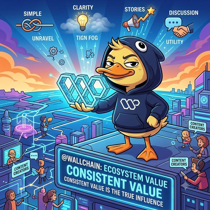 The image features a cartoon duck wearing a hoodie standing on top of a building with a city skyline behind him. The duck holds up two blue cubes, which are connected by a string. The caption below the image reads "What makes @wallchain so compelling is how it fundamentally rewrites the creator playbook". This statement suggests that the duck's actions in the image represent a new way of thinking about content creation and distribution within the creative industry.