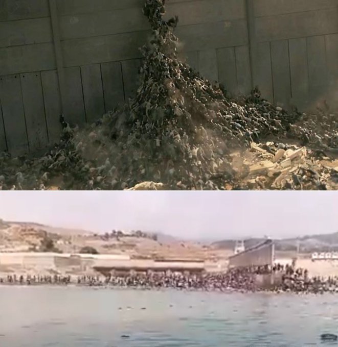 A chaotic scene of people pushing violently against a tall concrete wall, appearing to be crushed beneath a mass of bodies, paired with a wide shot of a massive crowd surging across water toward a fenced border crossing — both images convey an eerie, nightmarish quality of human desperation and catastrophe that feels unsettlingly surreal.