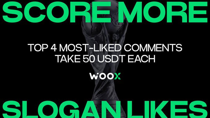 A promotional banner with a black background and green text reading 'SCORE MORE' and 'SLOGAN LIKES', with central white text stating 'TOP 4 MOST-LIKED COMMENTS TAKE 50 USDT EACH' above the 'WOOX' exchange logo, behind a dark trophy image.
