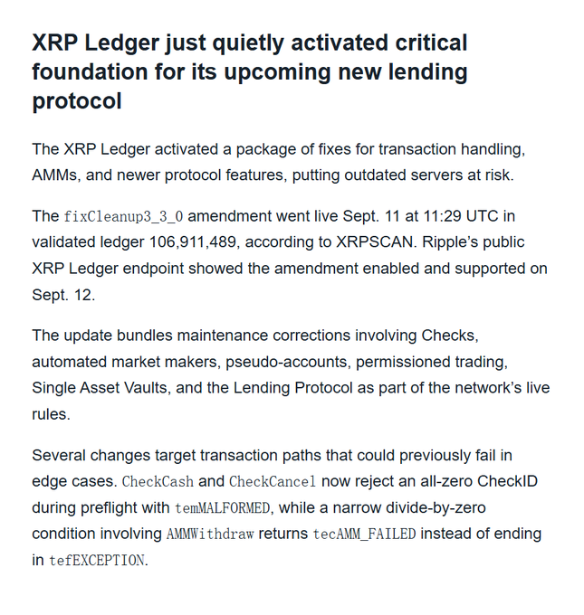 An article headline reads 'XRP Ledger just quietly activated critical foundation for its upcoming new lending protocol', discussing the fixCleanup3_3_0 amendment.