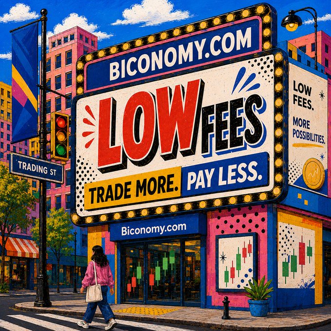 A colorful illustrated storefront advertisement for Biconomy.com prominently displaying "LOW FEES - TRADE MORE. PAY LESS." on a marquee-style sign, with a "Trading St" street sign and a pedestrian walking by.