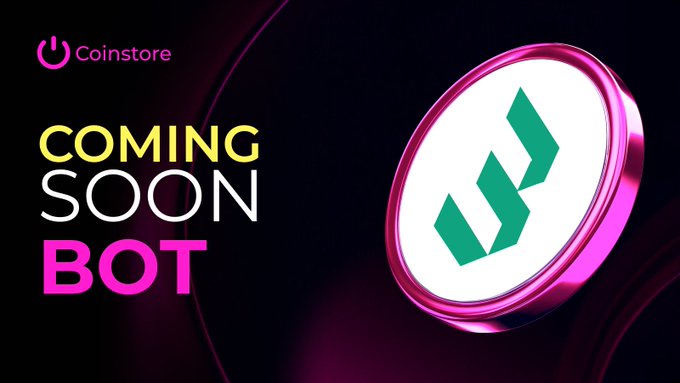 Coinstore announces the upcoming listing of BOT/USDT, featuring a dark promotional graphic with the Coinstore logo, "COMING SOON BOT" text, and a pink-rimmed coin displaying BOTChain's green "J" logo.