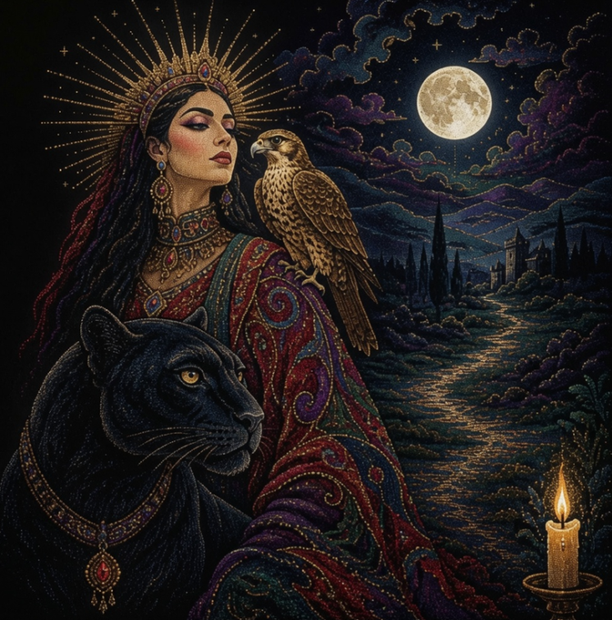 A fantasy illustration of a regal woman with a sun-ray crown, accompanied by a falcon on her shoulder and a black panther, set against a moonlit landscape with a castle and a lit candle.