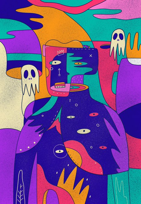 A colorful, psychedelic digital illustration featuring abstract shapes, ghosts, eyes, and a stylized face in vibrant purples, oranges, pinks, and teals.