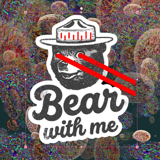 Glitchy, psychedelic logo image showing a face wearing a ranger-style hat with the text 'Bear with me' overlaid in stylized script.