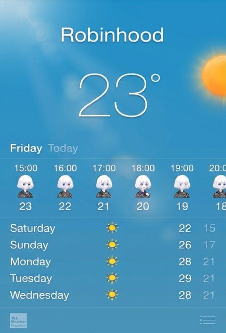 iPhone weather app screenshot showing Robinhood's forecast for Friday at 23° with cloud icons (made by The Weather Channel), displaying hourly temperatures (23, 22, 21, 20, 19, 18) and a weekly forecast.