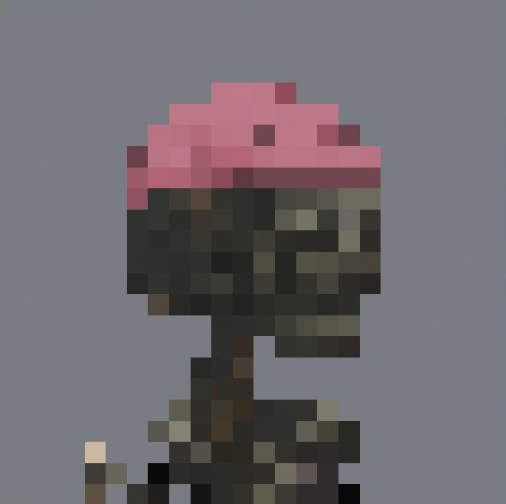 A pixel art graphic featuring a dark, blocky figure topped with a pink dome dotted with darker spots, resembling a stylized animal or creature in a voxel/Minecraft-like style. The bold colors and intricate pixel detailing highlight the artist's craftsmanship, aligning with the post's mention of a talented pixel artist and excitement over an upcoming Dachshund-themed NFT project.