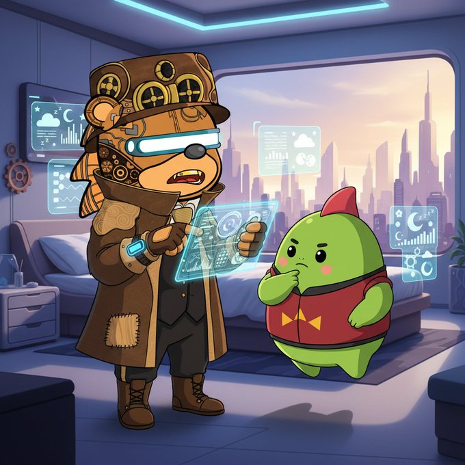 An illustration of a steampunk detective bear wearing goggles and a top hat, examining a holographic tablet alongside a green goblin-like creature in a futuristic city room.