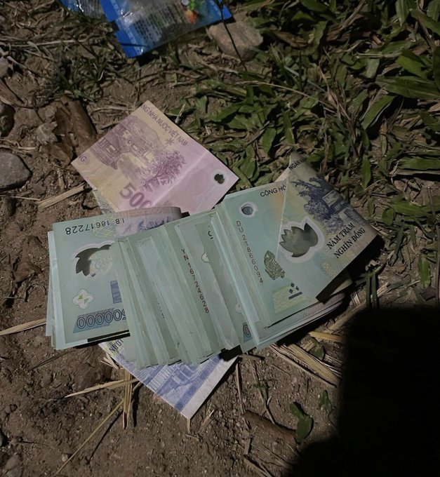Vietnamese currency (VND) banknotes, including 500,000 and 100,000 dong bills, scattered on dirt ground with grass and debris.