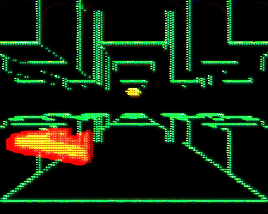 The image features a computer-generated scene with neon green lights, including a firework effect that appears to be falling from the sky. The background of the image consists of a black and white grid pattern, which contrasts with the vibrant colors of the firework display. The text "Primitive Objkt" is also present in the image.