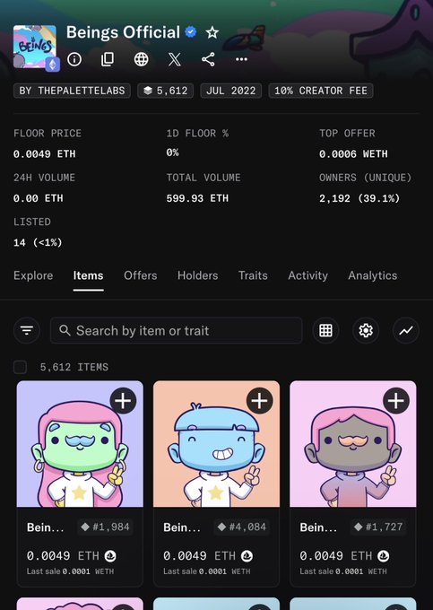 A screenshot of an NFT marketplace page for 'Beings Official' collection by THEPALETTELABS, showing 5,612 items with a floor price of 0.0049 ETH and listings of various Beings characters.