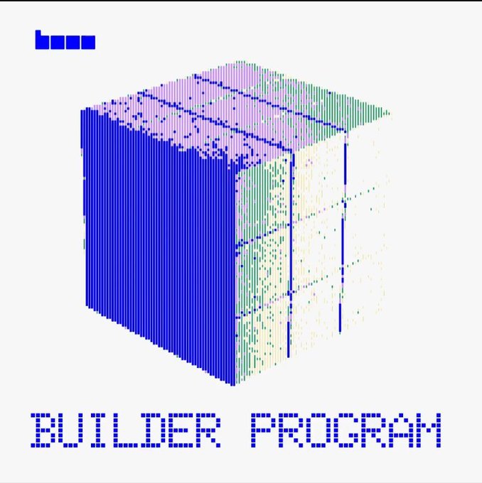 A digital graphic with 'base' in the upper left and 'BUILDER PROGRAM' in large pixelated blue text at the bottom, featuring an isometric pixel-art cube with blue, pink, and green faces.