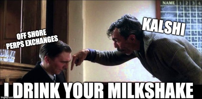**Caption:** A man aggressively confronts another while yelling "I DRINK YOUR MILKSHAKE," with labels "OFF SHORE PERPS EXCHANGES" on the threatened figure and "KALSHI" on the aggressor—visually depicting how Kalshi's new legal crypto perps offering for Americans (up to 6.1X leverage on BTC and top cryptos) is set to dominate and "consume" offshore perpetual exchanges.