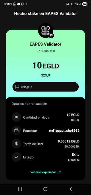 A mobile phone screenshot shows a successful staking transaction of '10 EGLD' to 'EAPES Validator' with an 8.33% APR.