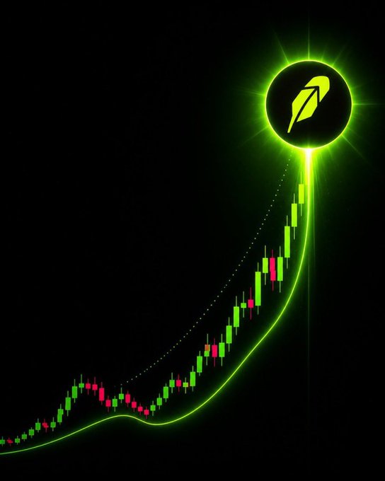 A digital illustration of an ascending stock market candlestick chart in green and red, overlaid with a glowing green trend line and a quill pen icon in a circle at the peak.