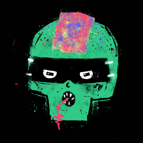 A stylized illustration of a green sci-fi helmet with narrow eye slits and a glitchy rainbow mohawk on top, with a red line dripping from the mouth area.