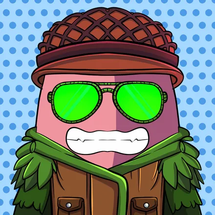 A cartoon character with a pink cylindrical body wears a brown checkered cap, green reflective sunglasses, and a brown leather jacket against a blue polka-dot background.