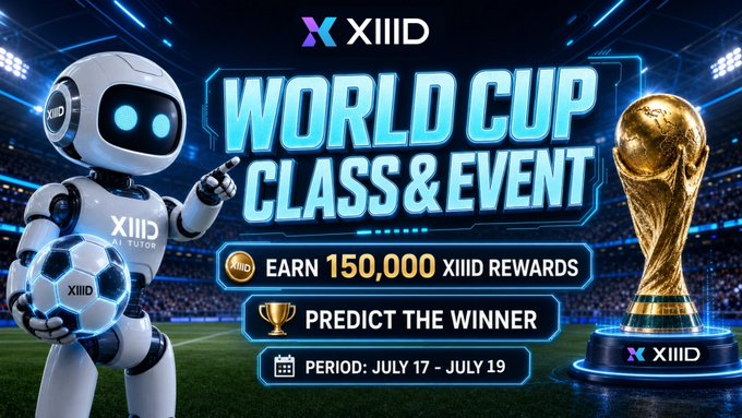 A promotional graphic for XIIID's "World Cup Class & Event" features a robot holding a soccer ball beside a golden World Cup trophy, advertising a 150,000 XIID reward pool for participants who complete the class and predict the winner between July 17–19.