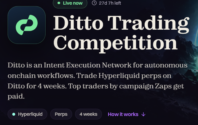 An announcement graphic for the 'Ditto Trading Competition', describing Ditto as an Intent Execution Network for autonomous onchain workflows, where top traders of Hyperliquid perps over 4 weeks get paid by campaign Zaps.