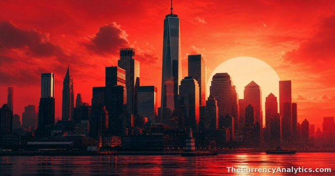 A dramatic, stylized red-toned image of the New York City skyline at sunset, featuring One World Trade Center prominently, with a watermark reading 'TheCurrencyAnalytics.com'.