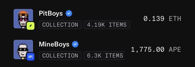 A screenshot showing two NFT collections: 'PitBoys' with 4.19K items priced at 0.139 ETH, and 'MineBoys' with 6.3K items priced at 1,775.00 APE.