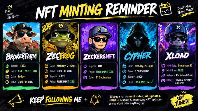 The image is a colorful promotional graphic titled "NFT MINTING REMINDER" highlighting five upcoming NFT mints: BrokerFarm (today, 3 PM UTC, supply 1,333, free mint), ZecFrog (Monday 21 Sept, 5:00 PM UTC, supply 6,969, free mint), ZeckersNFT (supply TBA), Cypher (Monday 22 Sept, 5:00 PM UTC, supply 6,000), and XLoad (Sept 22, Robinhood Chain), with the accompanying post detailing the same mint dates, supplies, and free mint prices.
