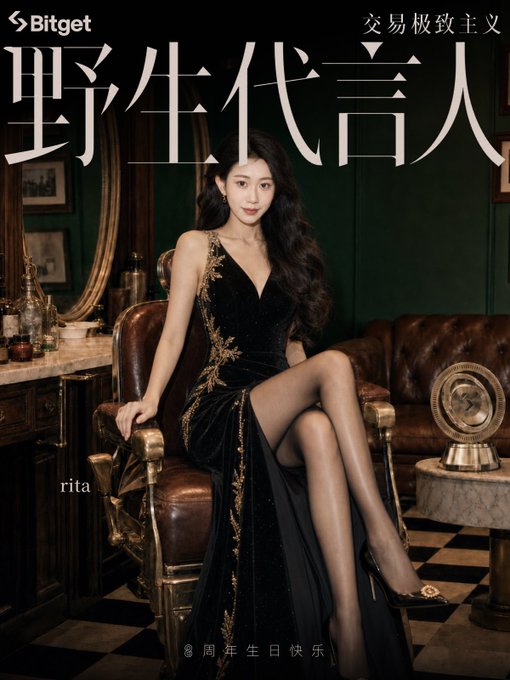 A Bitget promotional image featuring a woman in a black and gold dress seated on a chair, with the text '交易极致主义' and '野生代言人' and the name 'rita'.